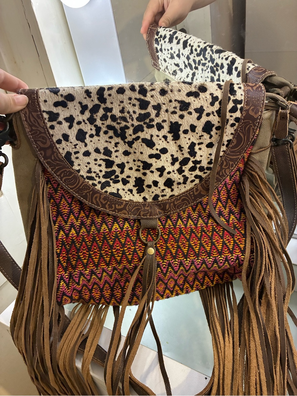 Myra Shoulder Bag with Fringes and Zippered Top Bright Vivid Colors